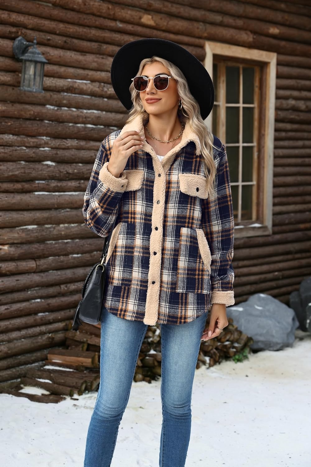 image:imageZeagoo Womens Flannel Jacket Fleece Lined Shacket Fall Outfits Plaid SherpaNavy Blue