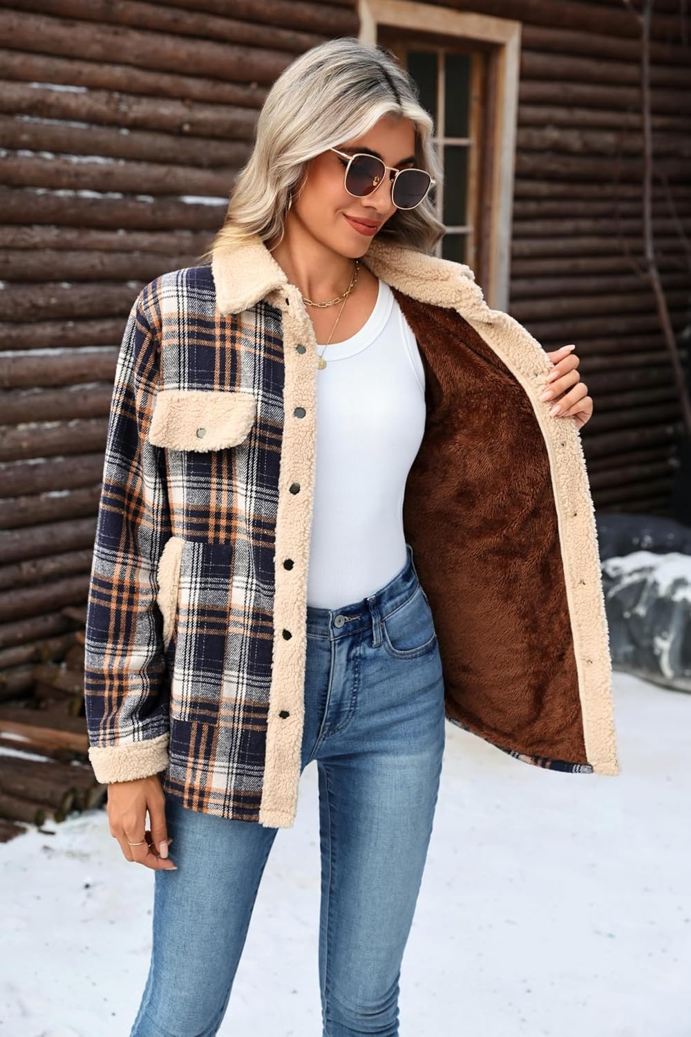 image:imageZeagoo Womens Flannel Jacket Fleece Lined Shacket Fall Outfits Plaid SherpaNavy Blue