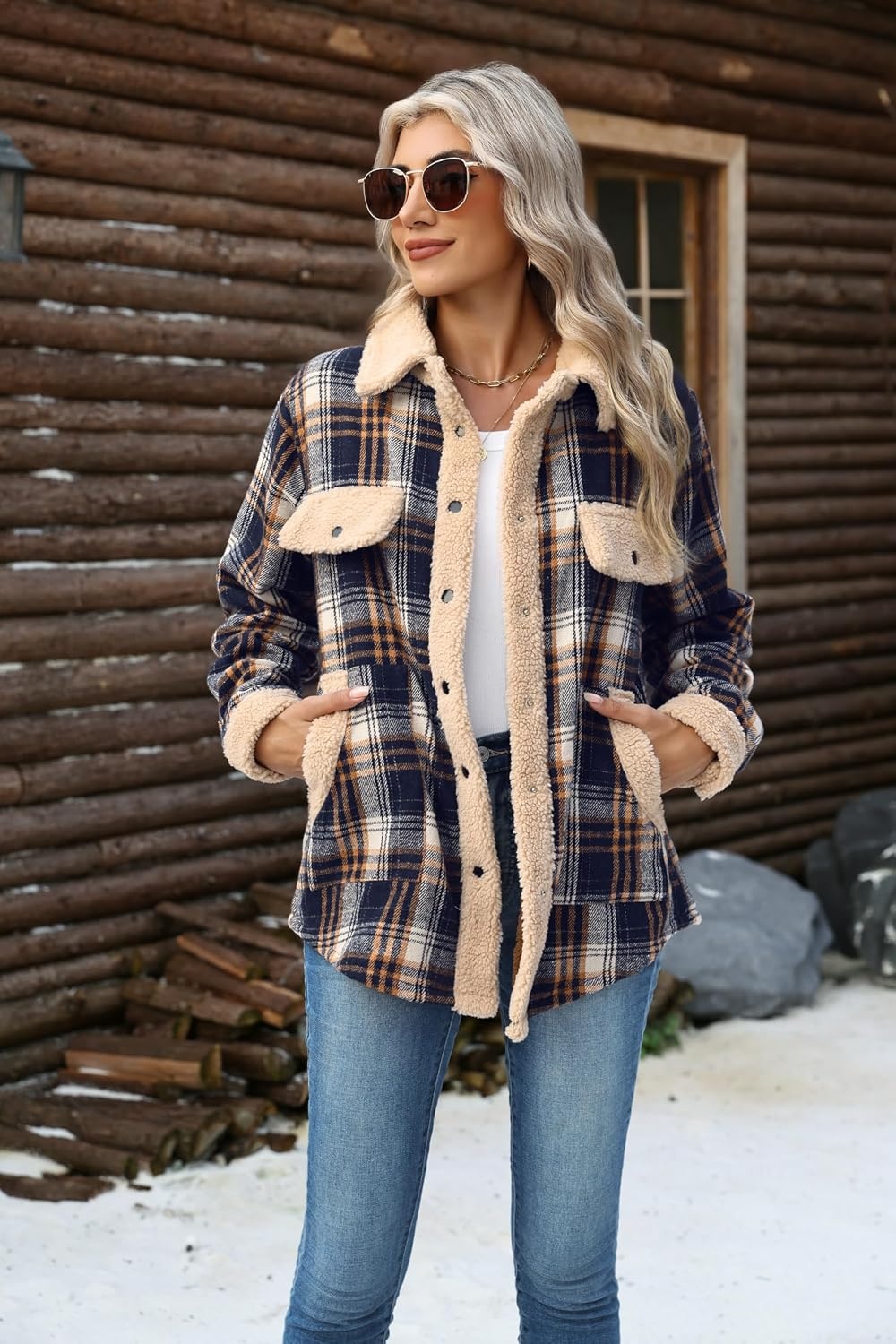 image:imageZeagoo Womens Flannel Jacket Fleece Lined Shacket Fall Outfits Plaid SherpaNavy Blue