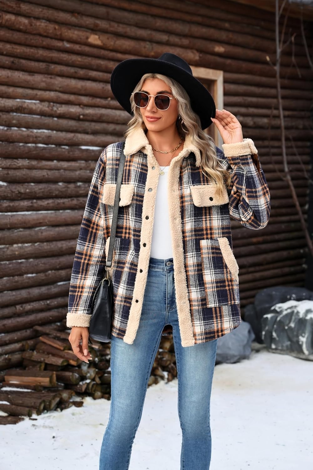 image:imageZeagoo Womens Flannel Jacket Fleece Lined Shacket Fall Outfits Plaid SherpaNavy Blue
