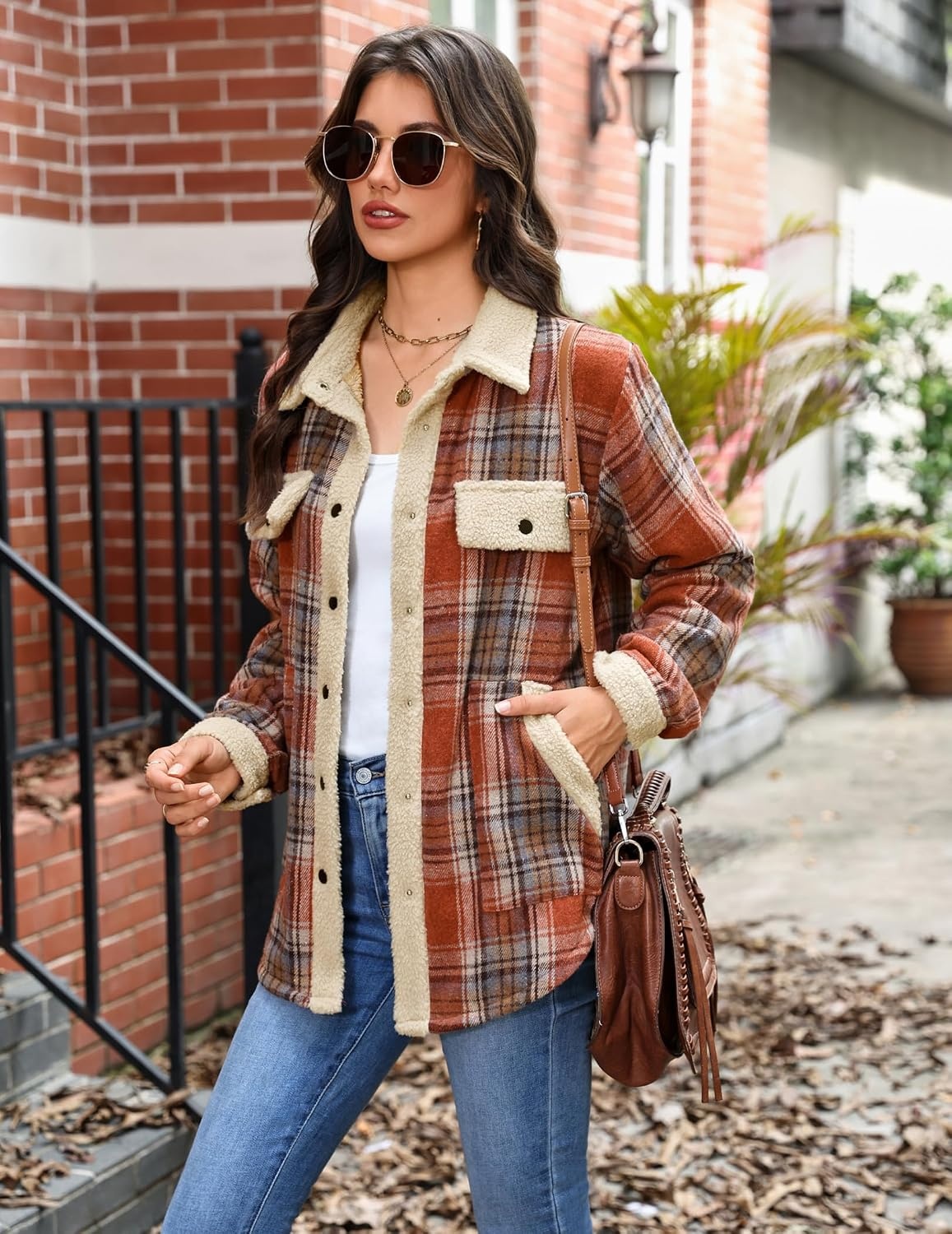 image:imageZeagoo Womens Flannel Jacket Fleece Lined Shacket Fall Outfits Plaid SherpaOrange
