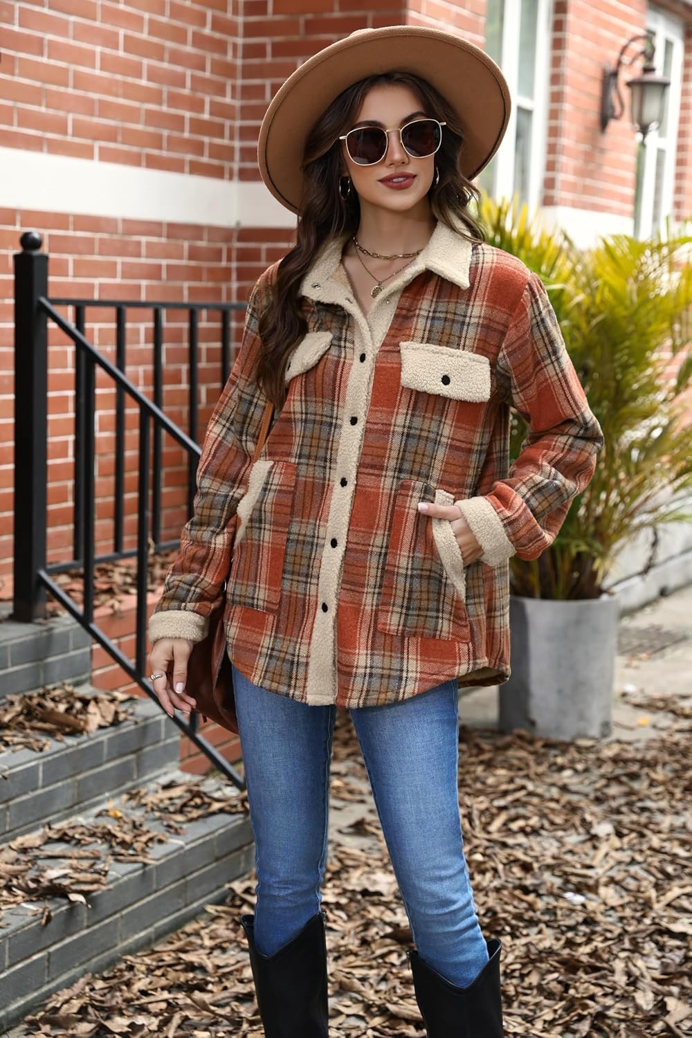 image:imageZeagoo Womens Flannel Jacket Fleece Lined Shacket Fall Outfits Plaid SherpaOrange
