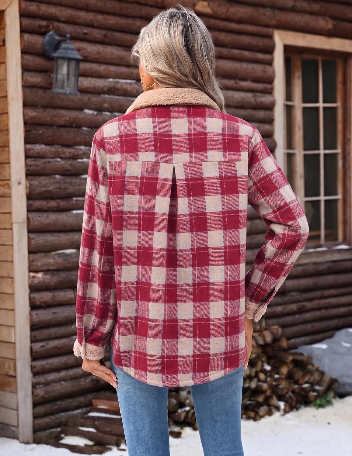 image:imageZeagoo Womens Flannel Jacket Fleece Lined Shacket Fall Outfits Plaid SherpaRed