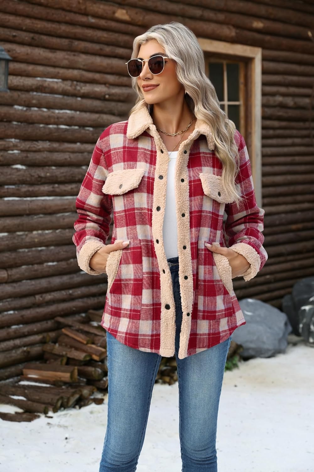 image:imageZeagoo Womens Flannel Jacket Fleece Lined Shacket Fall Outfits Plaid SherpaRed
