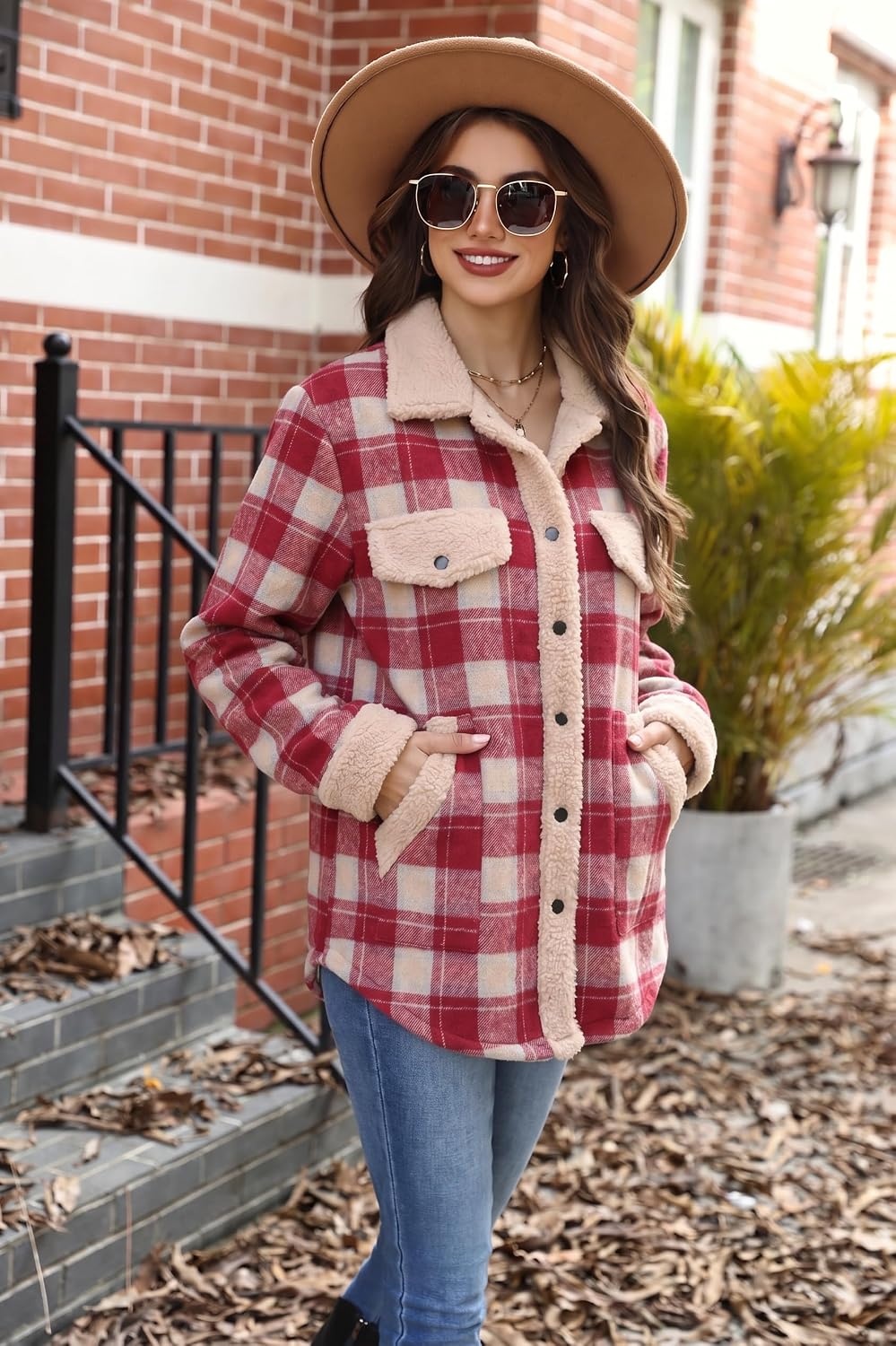 image:imageZeagoo Womens Flannel Jacket Fleece Lined Shacket Fall Outfits Plaid SherpaRed