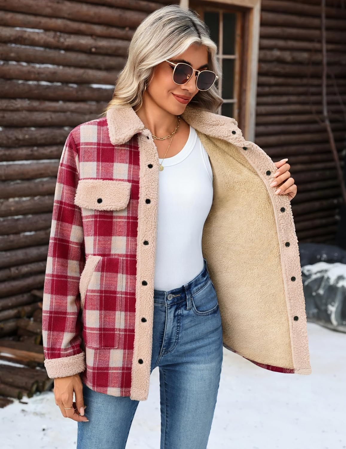 image:imageZeagoo Womens Flannel Jacket Fleece Lined Shacket Fall Outfits Plaid SherpaRed