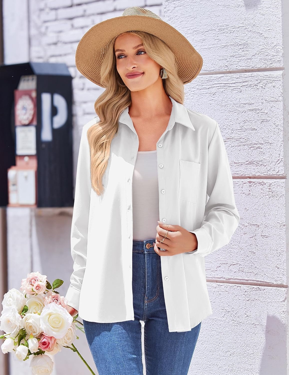 image:imageZeagoo Womens Floral Button Down Shirt Long Sleeve Work Blouse with PocketAwhite