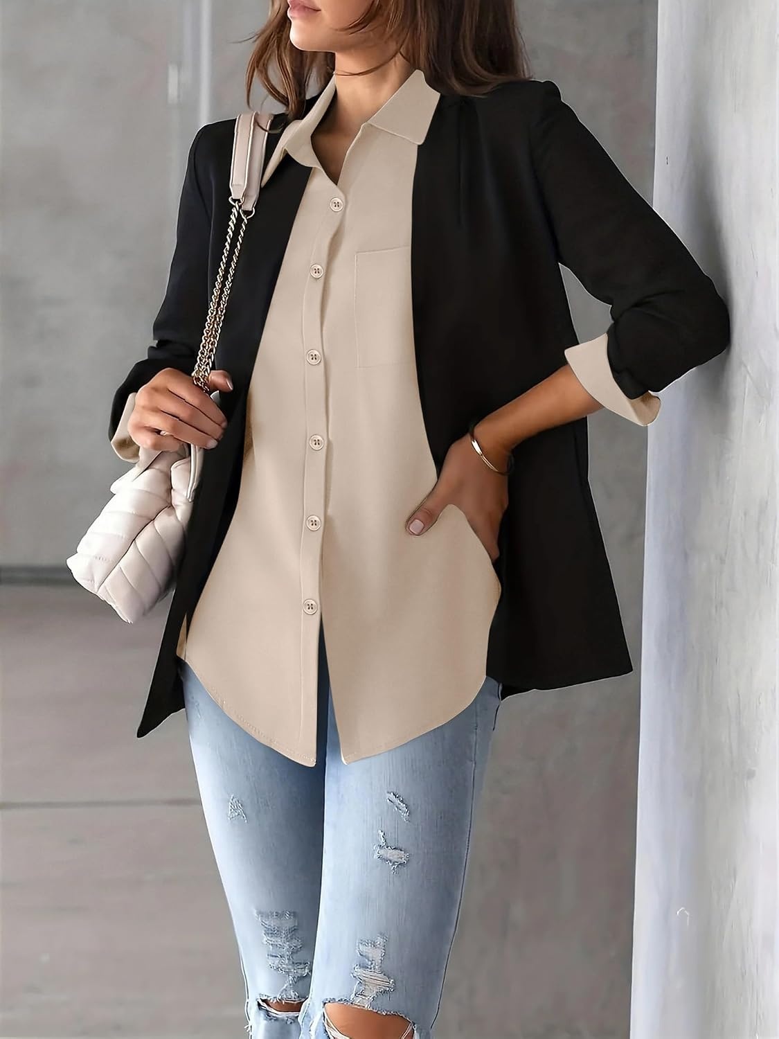 image:imageZeagoo Womens Floral Button Down Shirt Long Sleeve Work Blouse with PocketBbeige