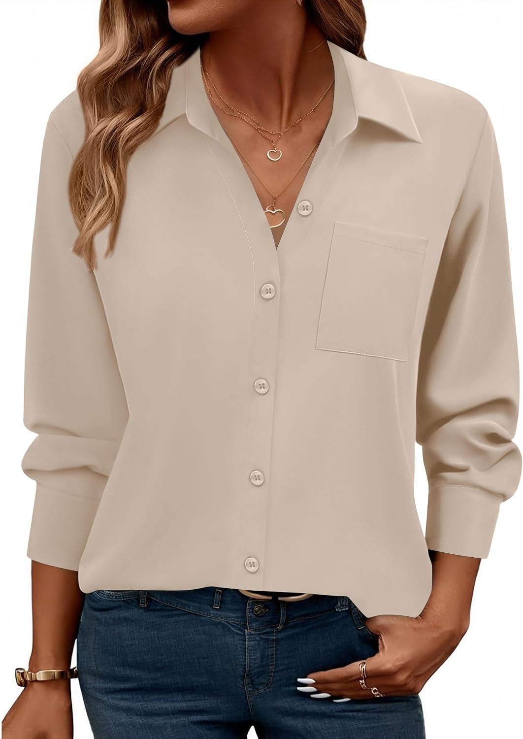 image:imageZeagoo Womens Floral Button Down Shirt Long Sleeve Work Blouse with PocketBbeige