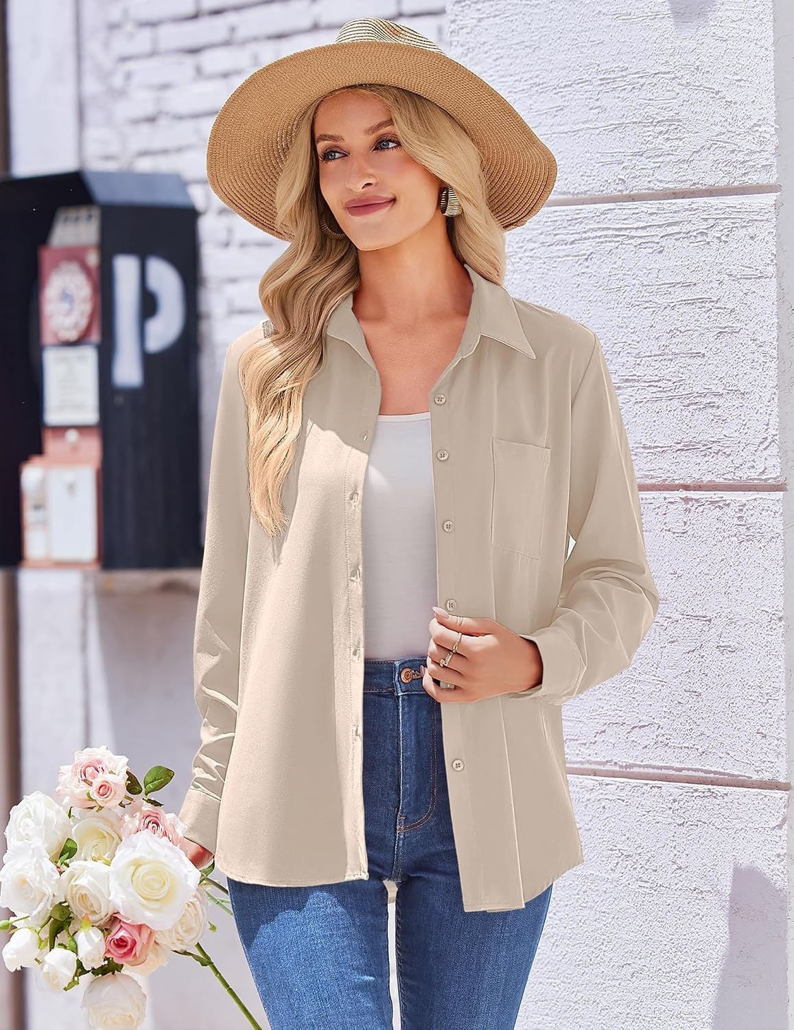 image:imageZeagoo Womens Floral Button Down Shirt Long Sleeve Work Blouse with PocketBbeige