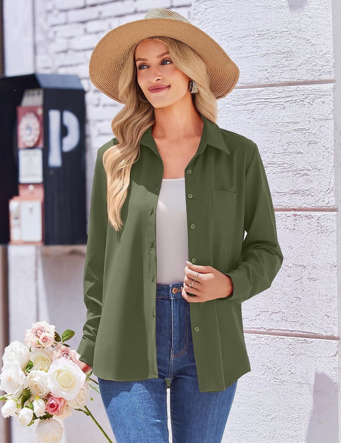 image:imageZeagoo Womens Floral Button Down Shirt Long Sleeve Work Blouse with PocketBgreen
