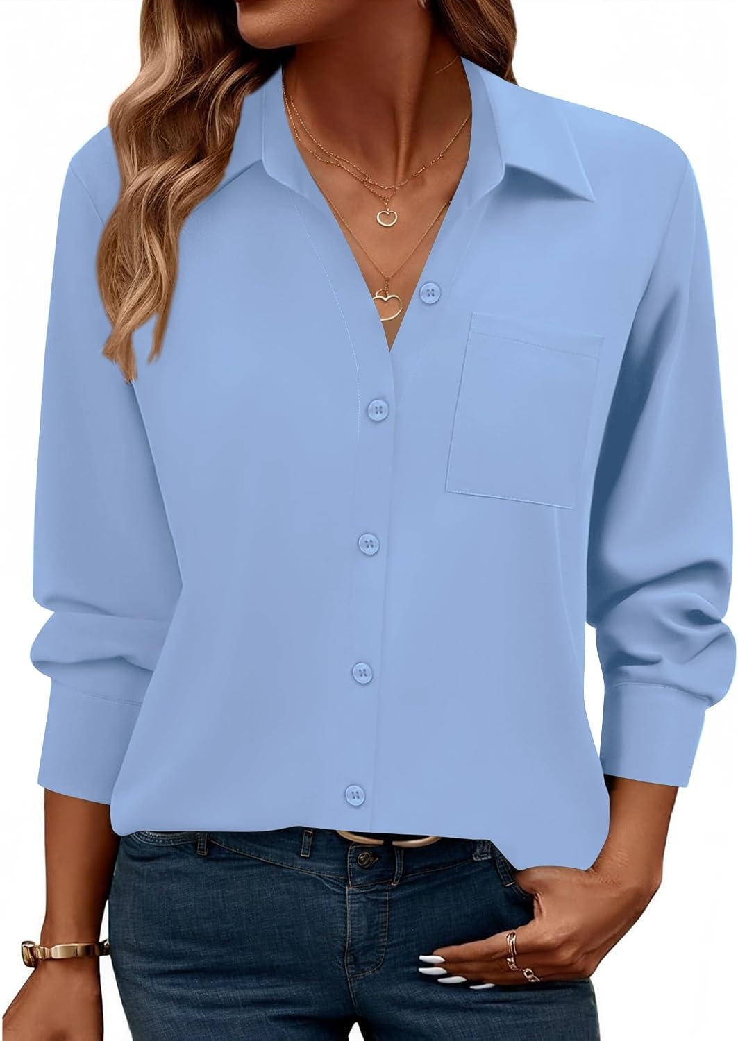 image:imageZeagoo Womens Floral Button Down Shirt Long Sleeve Work Blouse with PocketBlight Blue