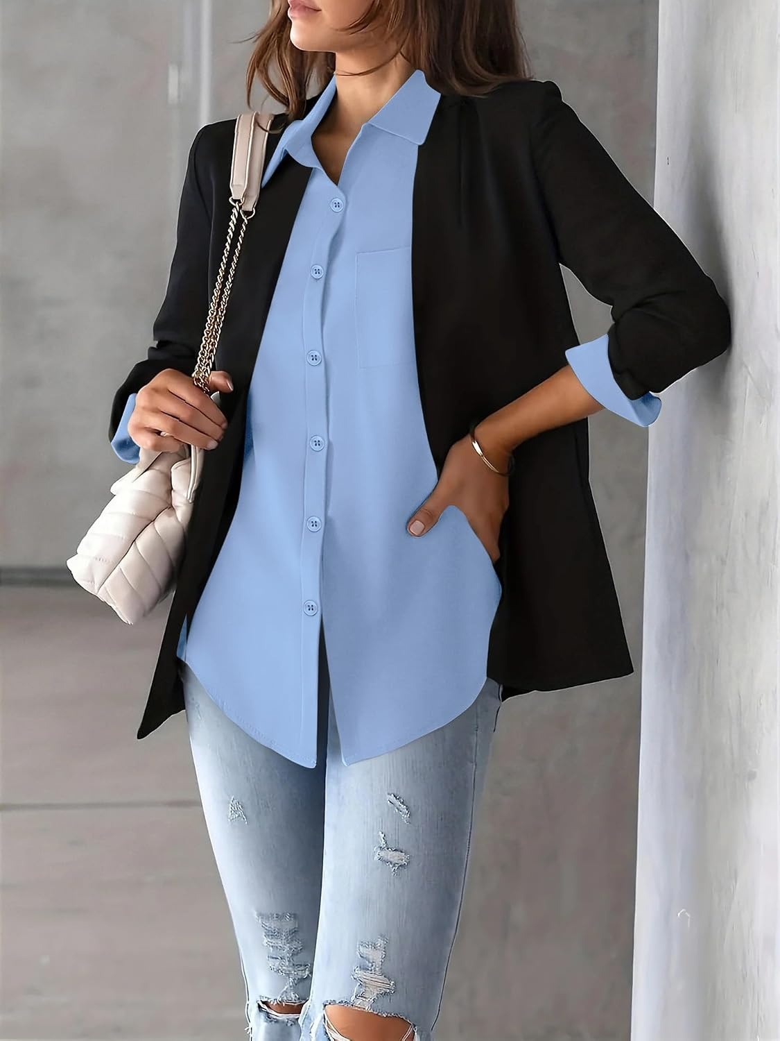 image:imageZeagoo Womens Floral Button Down Shirt Long Sleeve Work Blouse with PocketBlight Blue