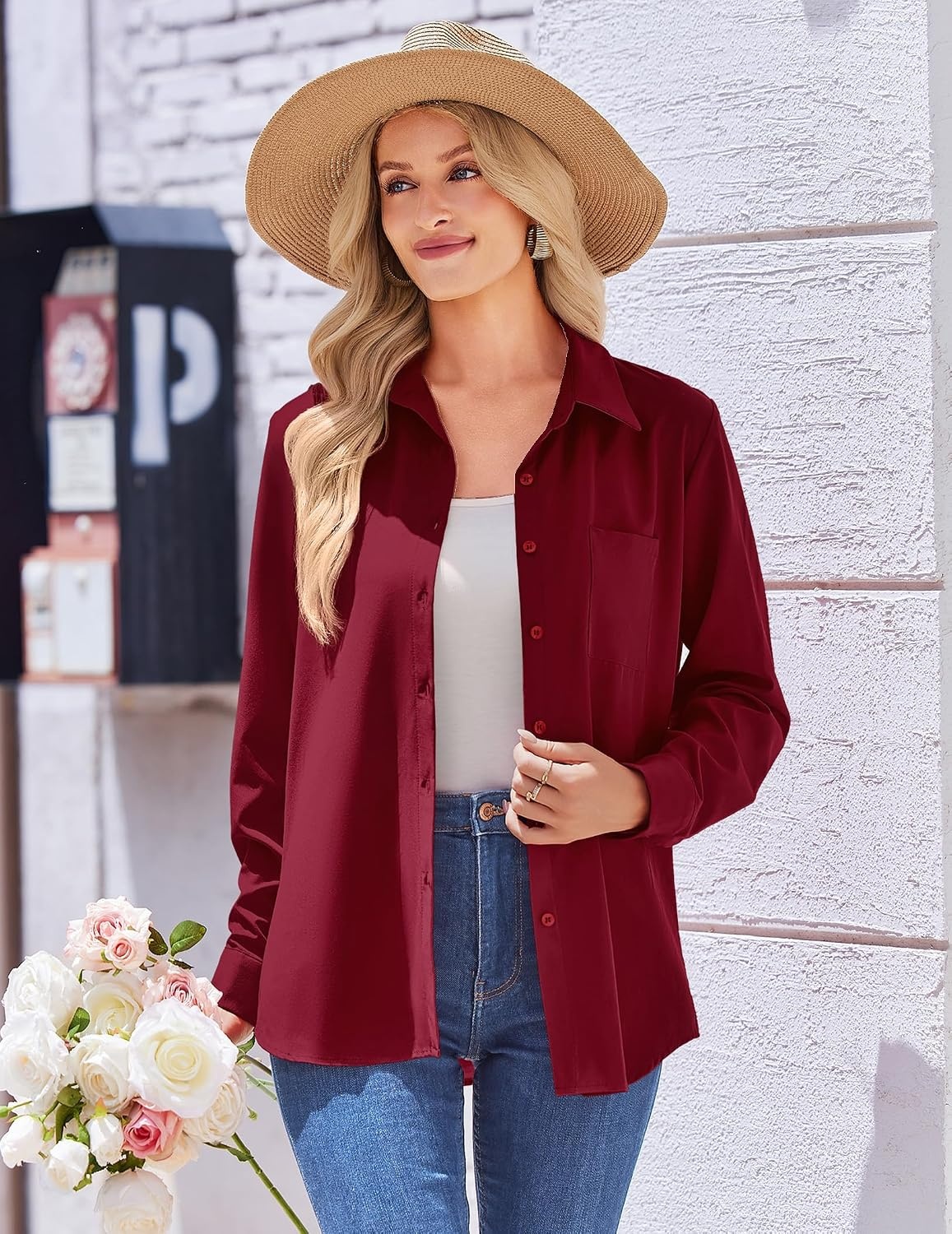 image:imageZeagoo Womens Floral Button Down Shirt Long Sleeve Work Blouse with PocketBwine Red