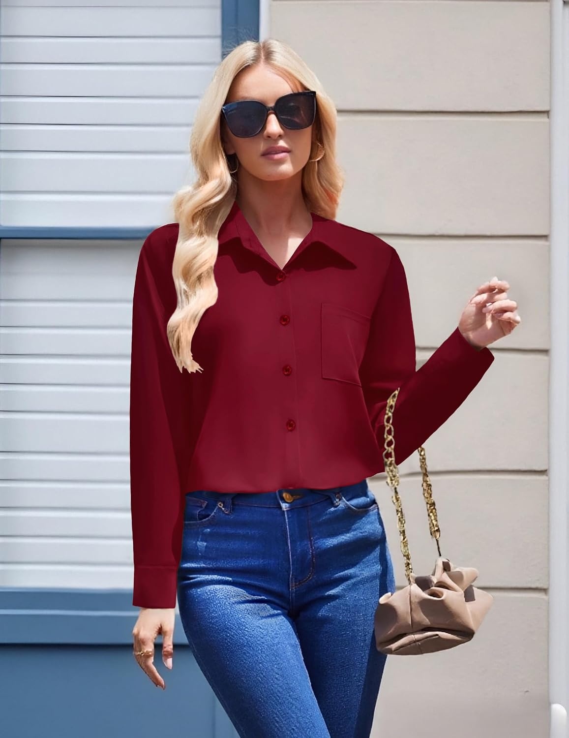 image:imageZeagoo Womens Floral Button Down Shirt Long Sleeve Work Blouse with PocketBwine Red