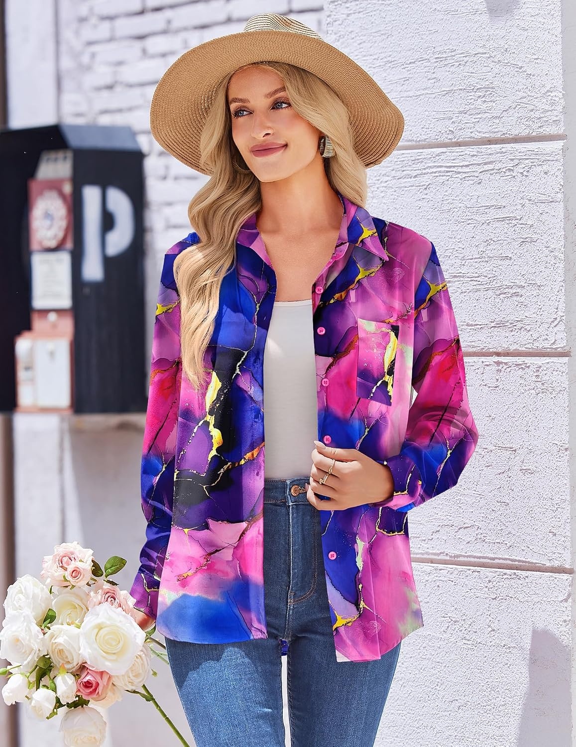 image:imageZeagoo Womens Floral Button Down Shirt Long Sleeve Work Blouse with PocketDcx174