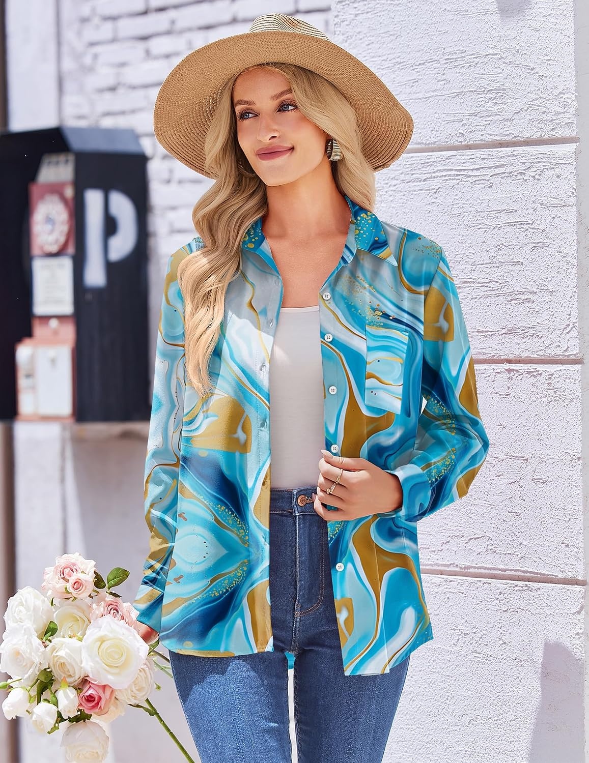 image:imageZeagoo Womens Floral Button Down Shirt Long Sleeve Work Blouse with PocketDcx274