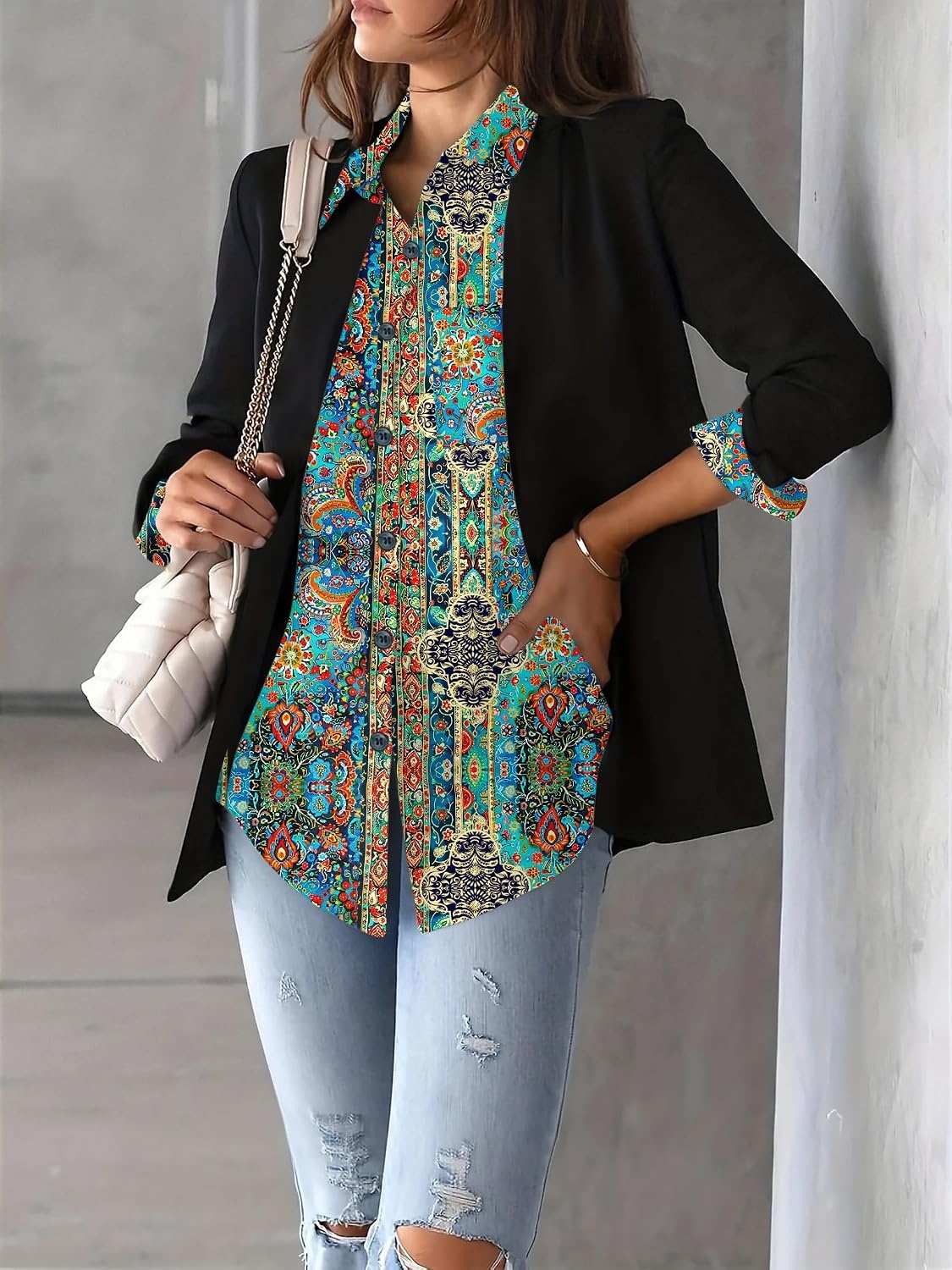 image:imageZeagoo Womens Floral Button Down Shirt Long Sleeve Work Blouse with PocketMz779
