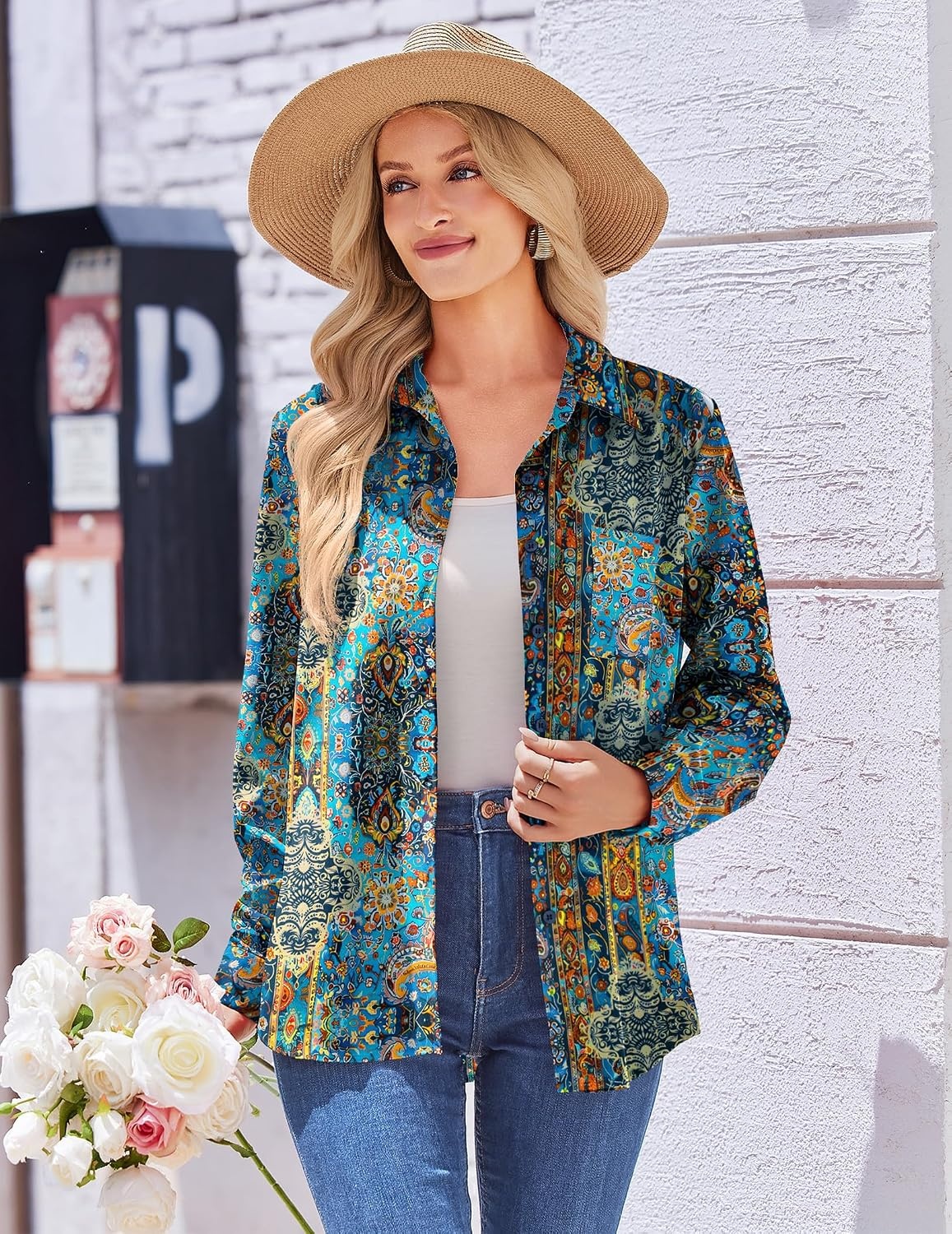 image:imageZeagoo Womens Floral Button Down Shirt Long Sleeve Work Blouse with PocketMz779
