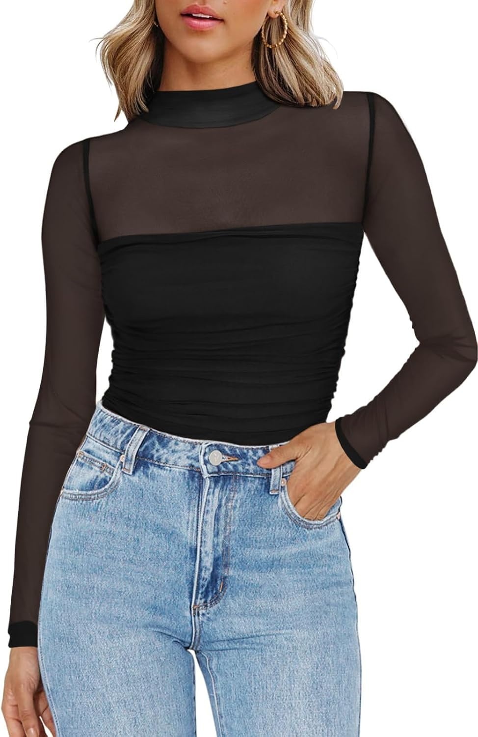 image:imageZeagoo Womens Mesh Long Sleeve Tops Mock Neck Ruched Sheer Blouse S2XLBlack