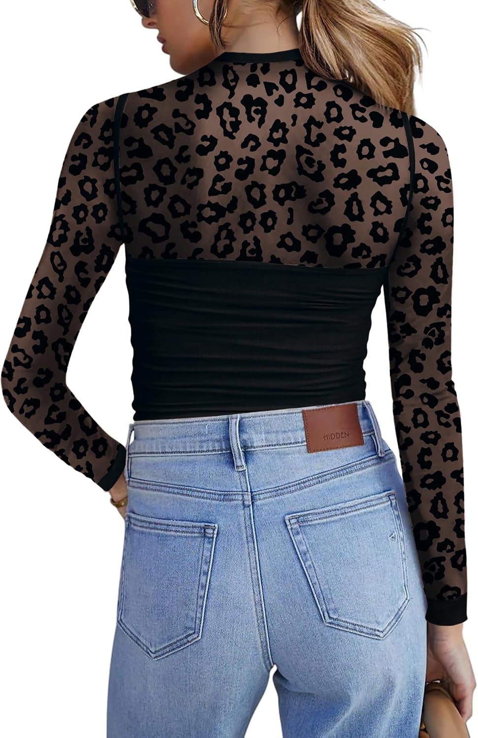 image:imageZeagoo Womens Mesh Long Sleeve Tops Mock Neck Ruched Sheer Blouse S2XLBlack Leopard
