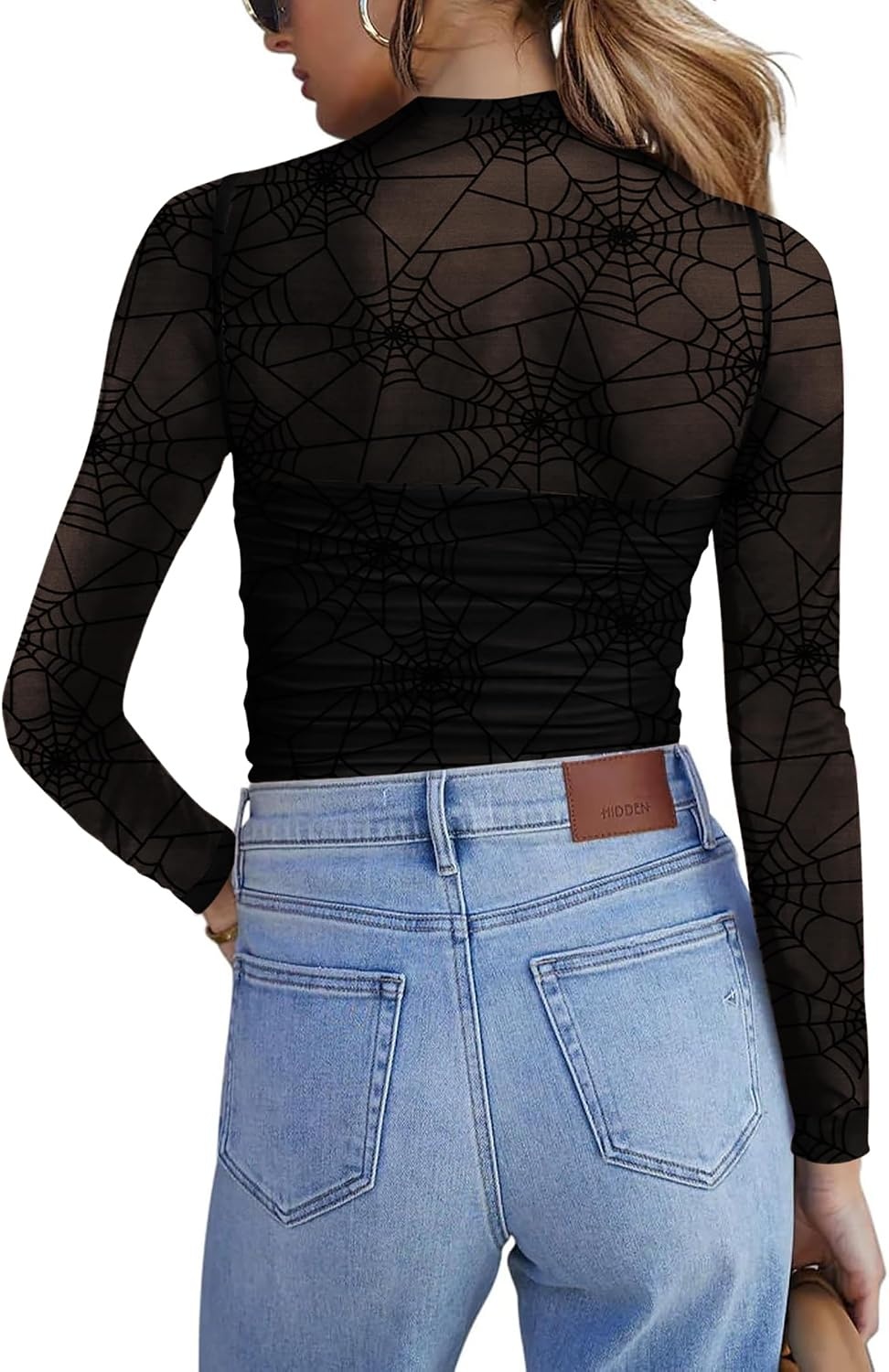 image:imageZeagoo Womens Mesh Long Sleeve Tops Mock Neck Ruched Sheer Blouse S2XLBlack Spider Pattern