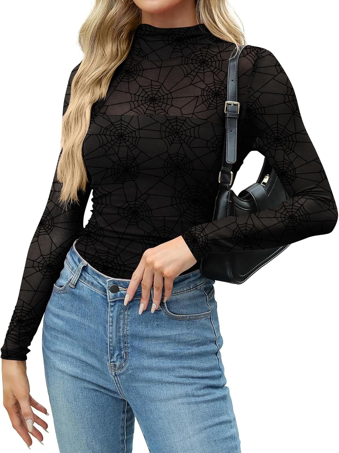 image:imageZeagoo Womens Mesh Long Sleeve Tops Mock Neck Ruched Sheer Blouse S2XLBlack Spider Pattern