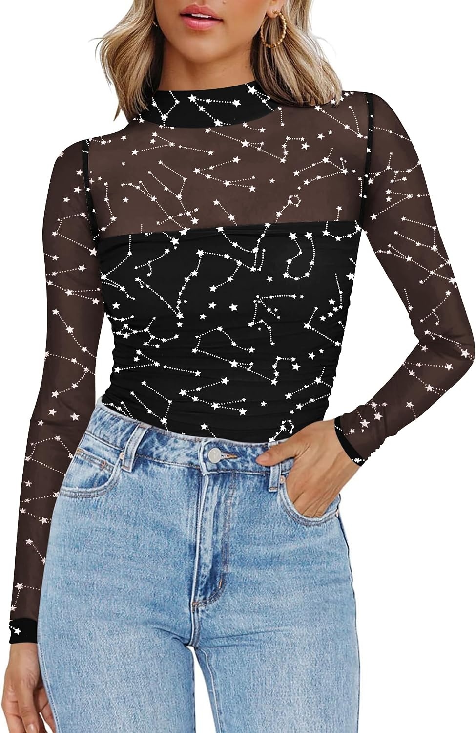 image:imageZeagoo Womens Mesh Long Sleeve Tops Mock Neck Ruched Sheer Blouse S2XLBlack Star