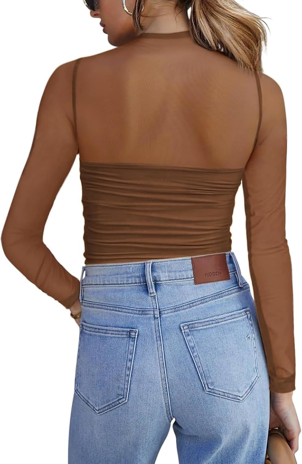 image:imageZeagoo Womens Mesh Long Sleeve Tops Mock Neck Ruched Sheer Blouse S2XLBrown