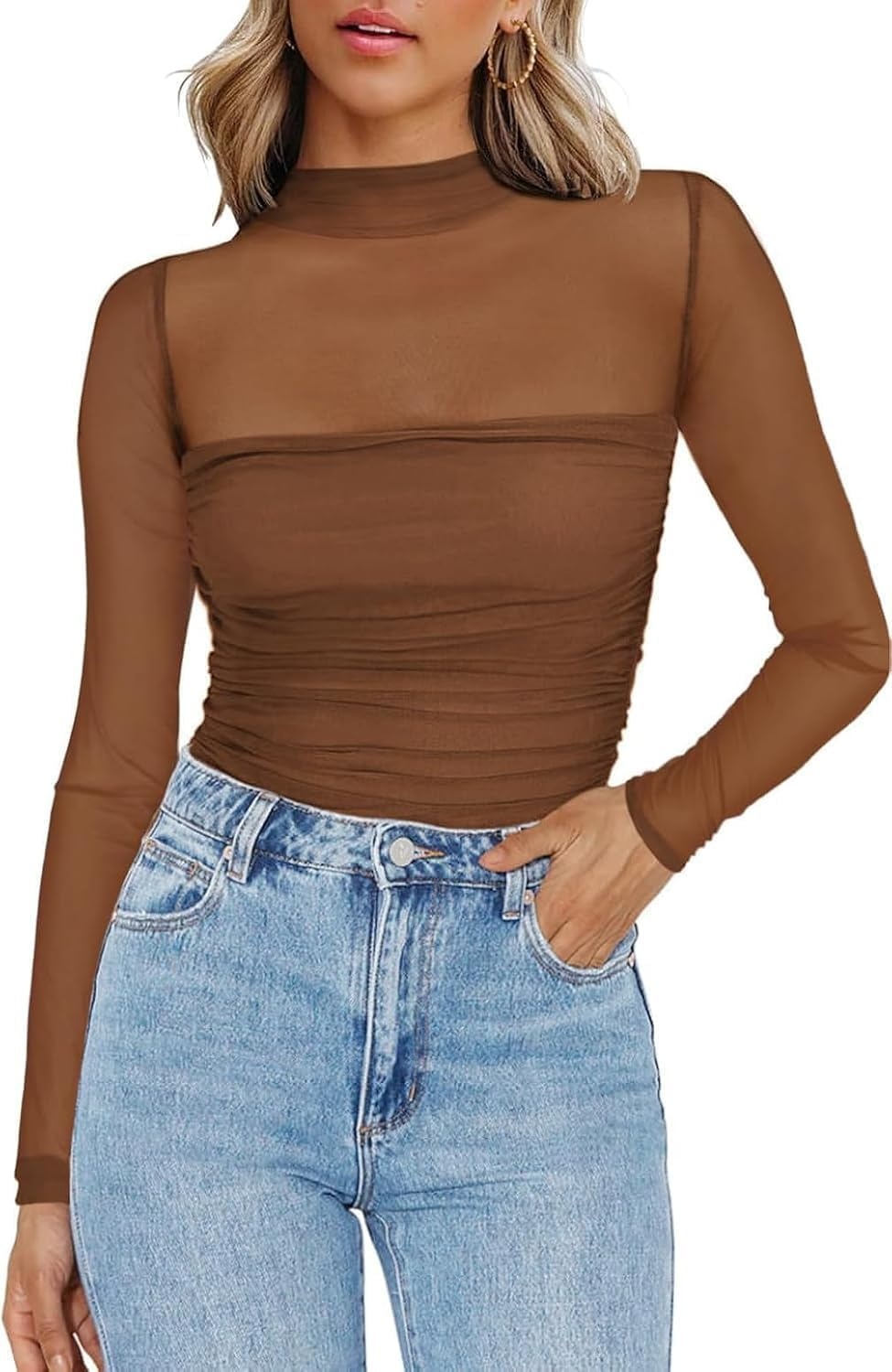 image:imageZeagoo Womens Mesh Long Sleeve Tops Mock Neck Ruched Sheer Blouse S2XLBrown