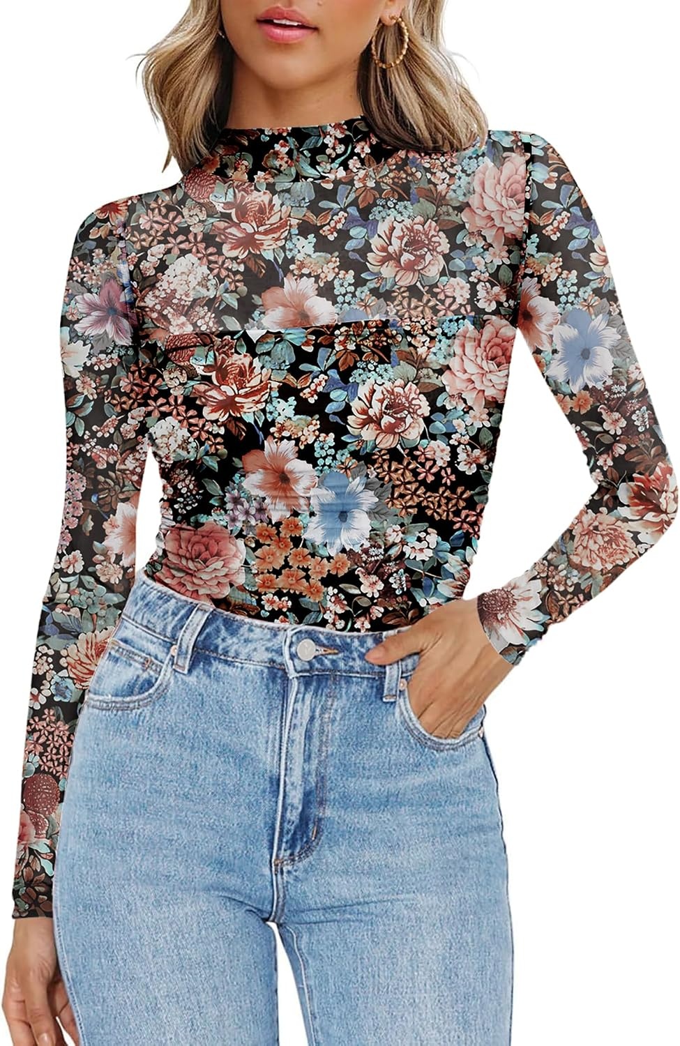 image:imageZeagoo Womens Mesh Long Sleeve Tops Mock Neck Ruched Sheer Blouse S2XLFloral Print