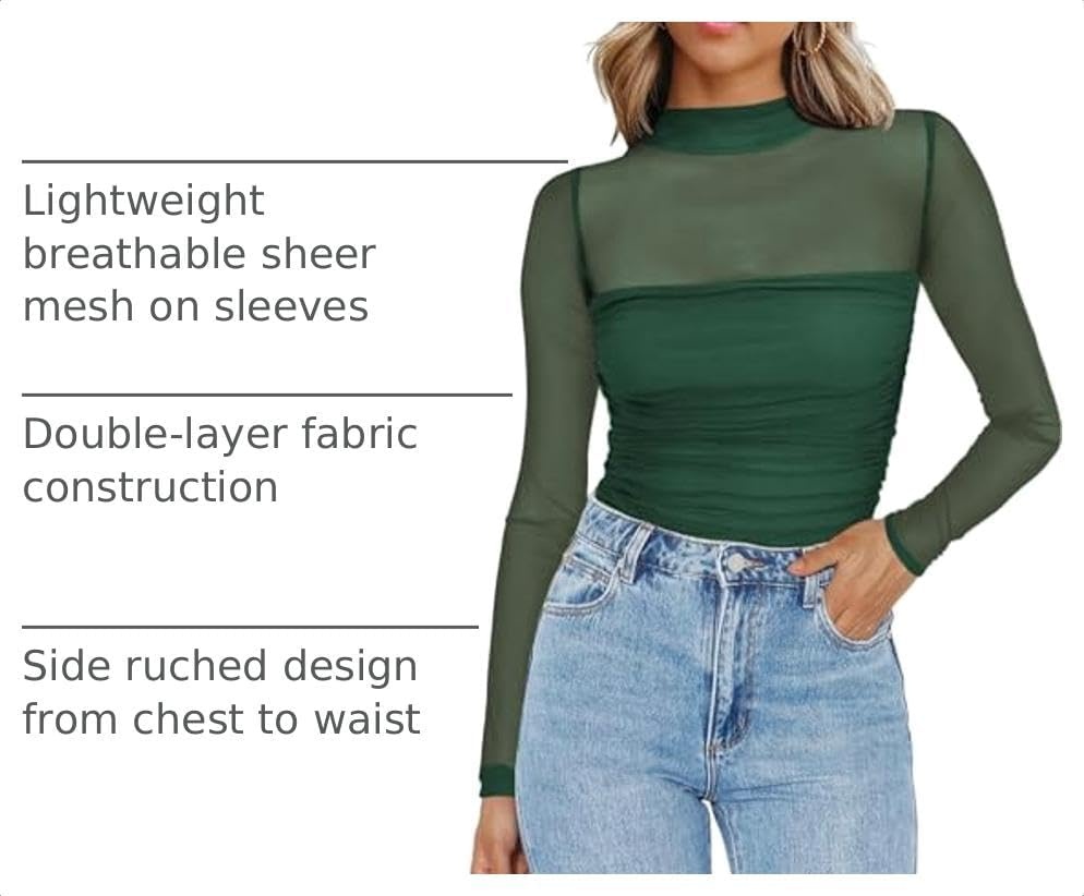 image:imageZeagoo Womens Mesh Long Sleeve Tops Mock Neck Ruched Sheer Blouse S2XLGreen