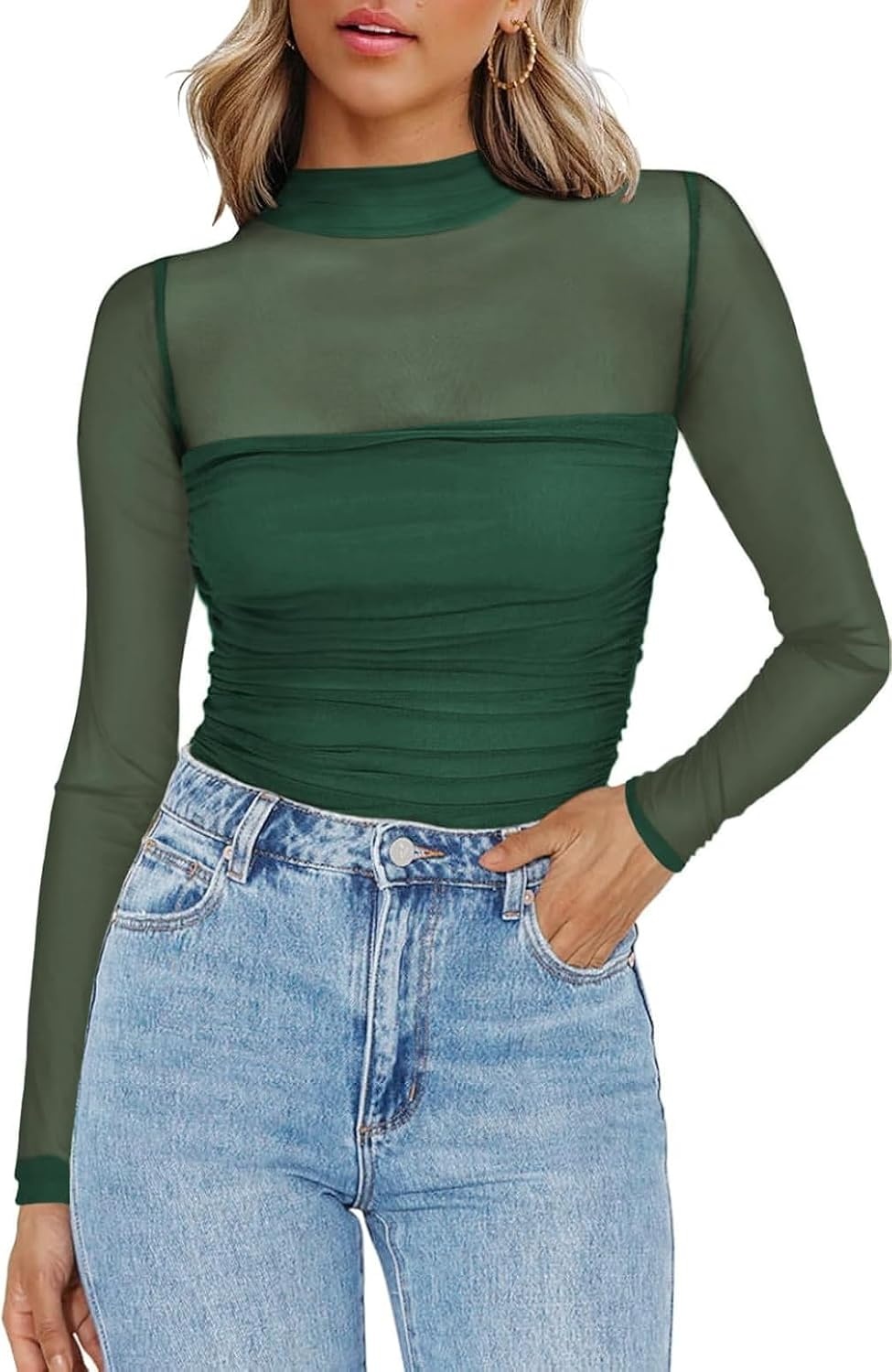 image:imageZeagoo Womens Mesh Long Sleeve Tops Mock Neck Ruched Sheer Blouse S2XLGreen