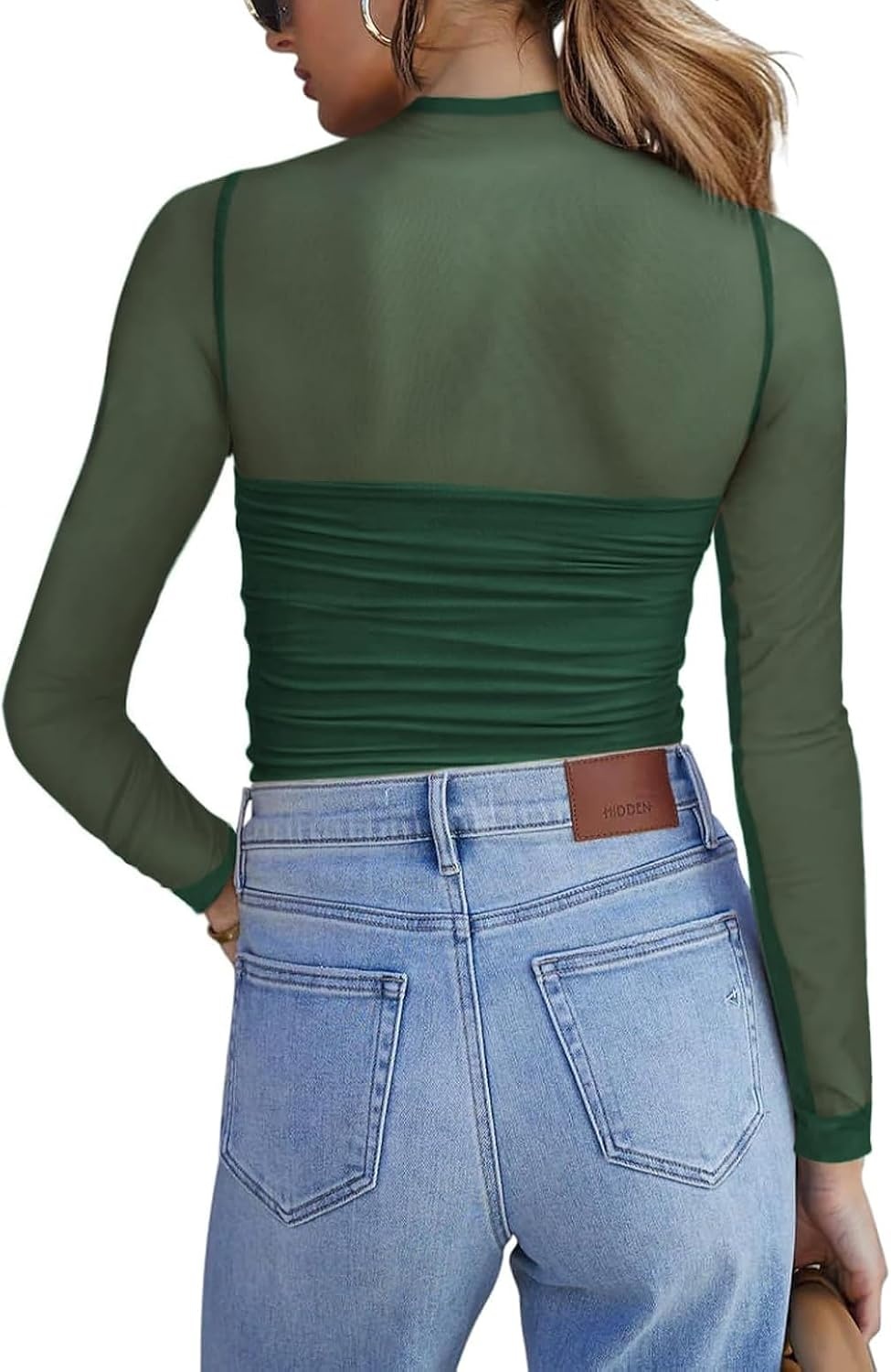 image:imageZeagoo Womens Mesh Long Sleeve Tops Mock Neck Ruched Sheer Blouse S2XLGreen
