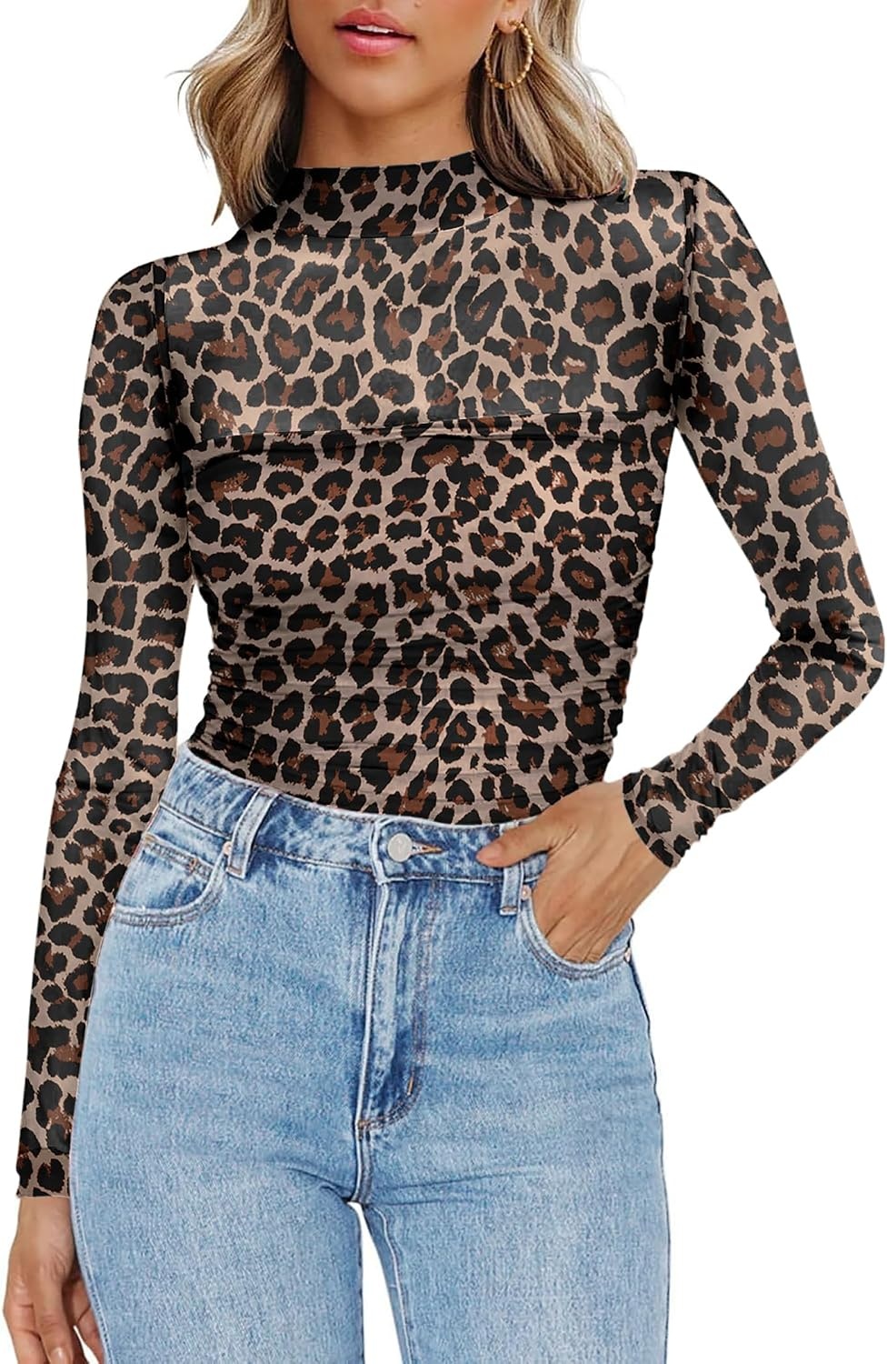 image:imageZeagoo Womens Mesh Long Sleeve Tops Mock Neck Ruched Sheer Blouse S2XLLeopard
