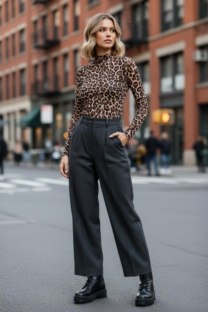 image:imageZeagoo Womens Mesh Long Sleeve Tops Mock Neck Ruched Sheer Blouse S2XLLeopard