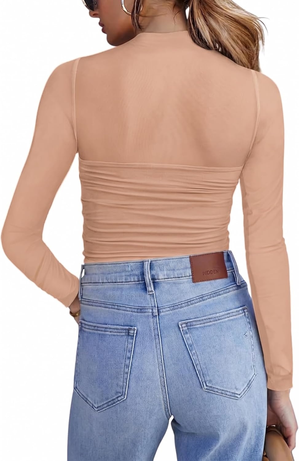 image:imageZeagoo Womens Mesh Long Sleeve Tops Mock Neck Ruched Sheer Blouse S2XLLight Tan
