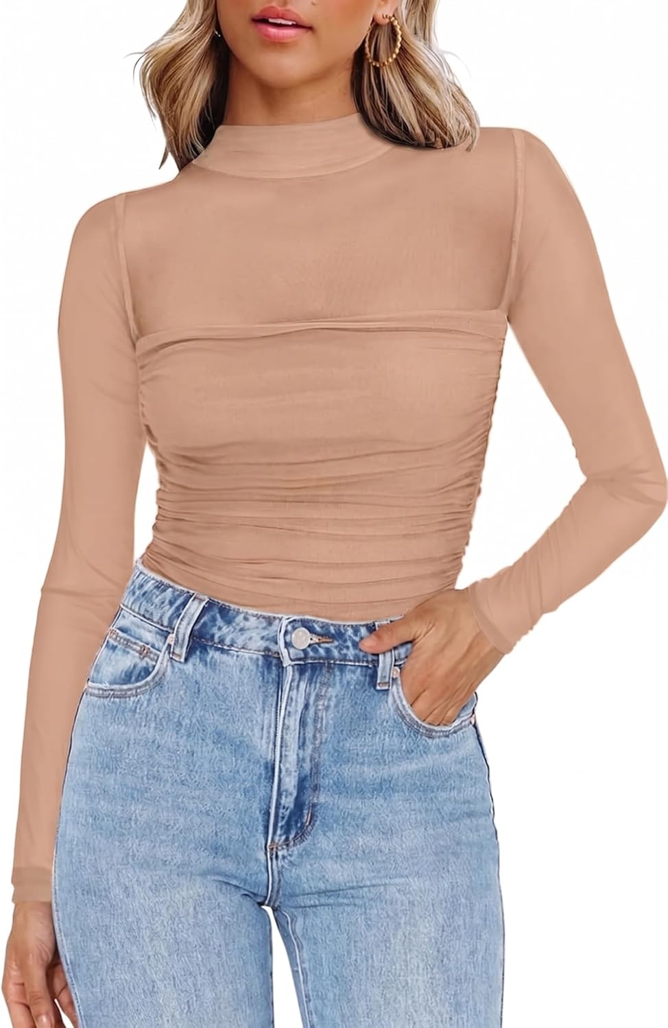 image:imageZeagoo Womens Mesh Long Sleeve Tops Mock Neck Ruched Sheer Blouse S2XLLight Tan