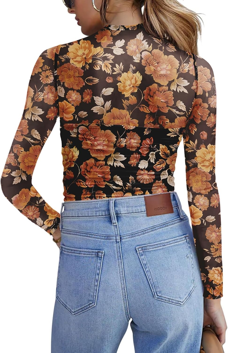 image:imageZeagoo Womens Mesh Long Sleeve Tops Mock Neck Ruched Sheer Blouse S2XLOrange Floral