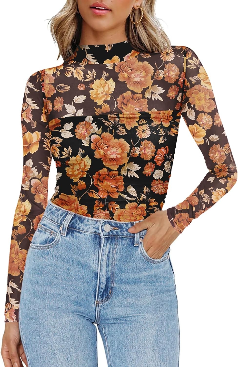 image:imageZeagoo Womens Mesh Long Sleeve Tops Mock Neck Ruched Sheer Blouse S2XLOrange Floral