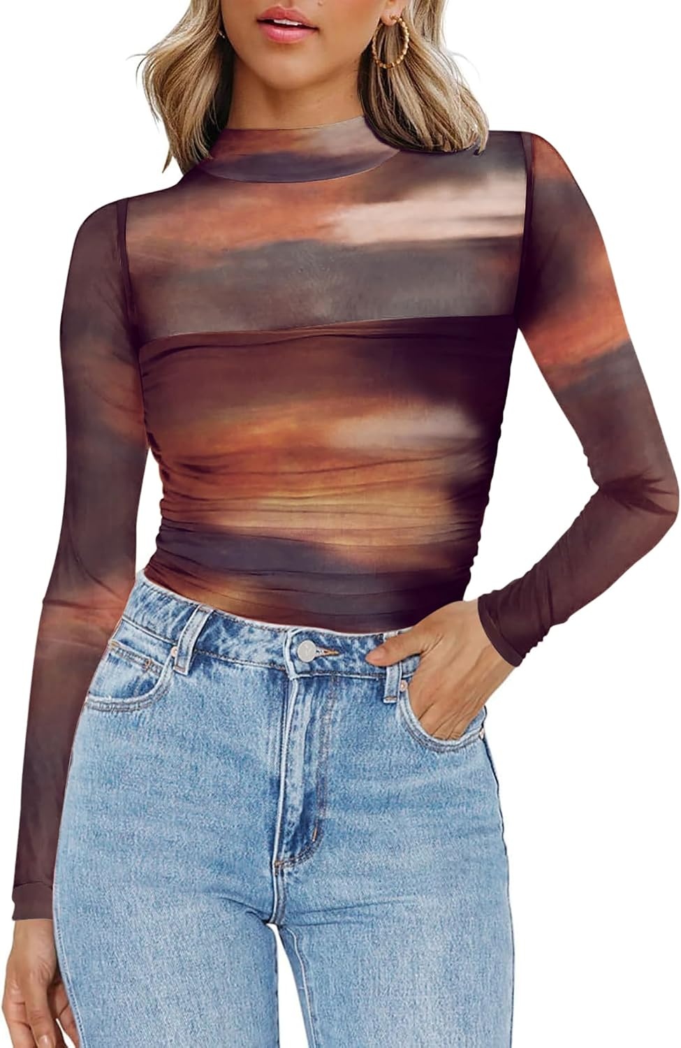 image:imageZeagoo Womens Mesh Long Sleeve Tops Mock Neck Ruched Sheer Blouse S2XLTie Dye Print