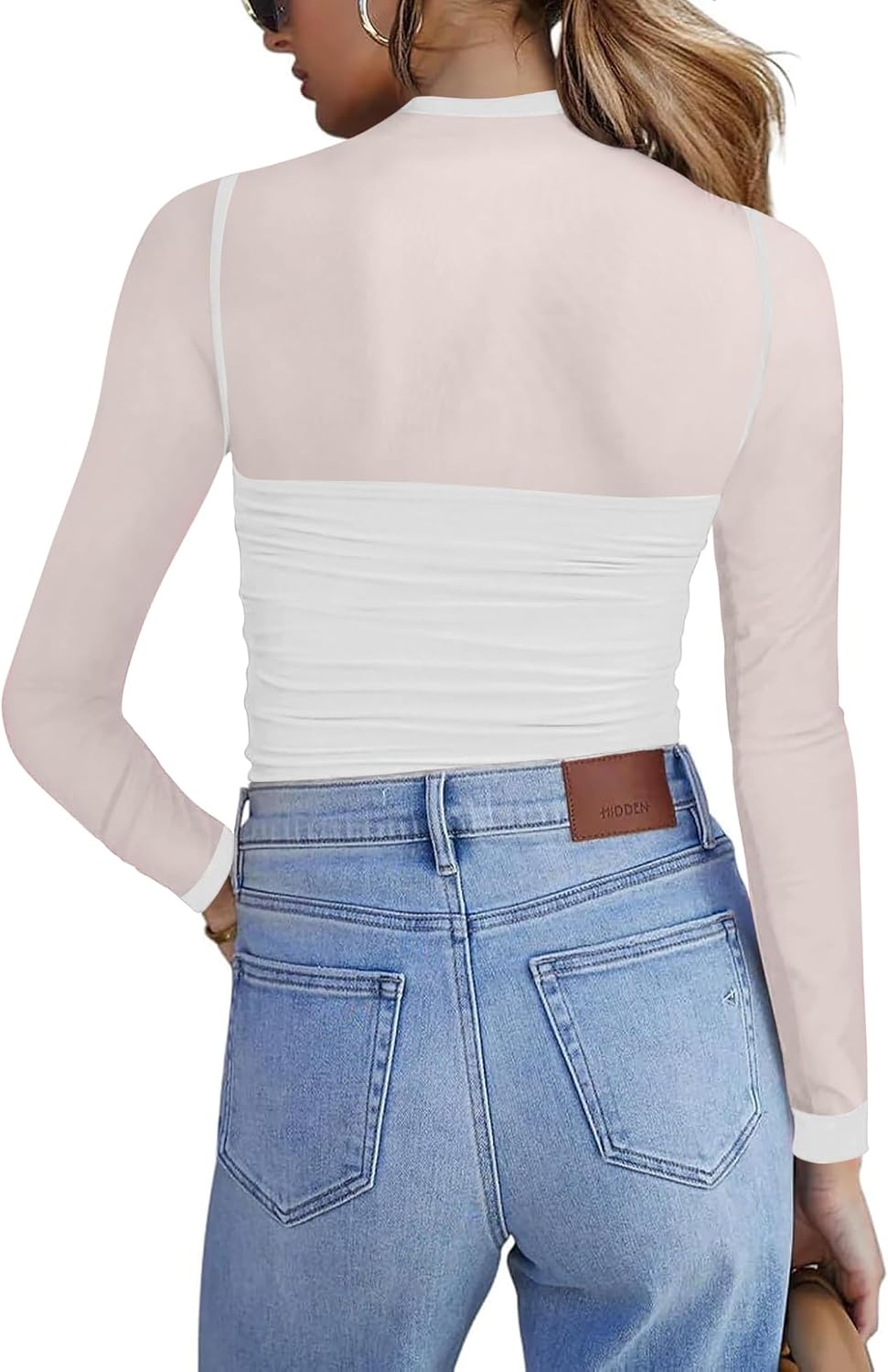 image:imageZeagoo Womens Mesh Long Sleeve Tops Mock Neck Ruched Sheer Blouse S2XLWhite