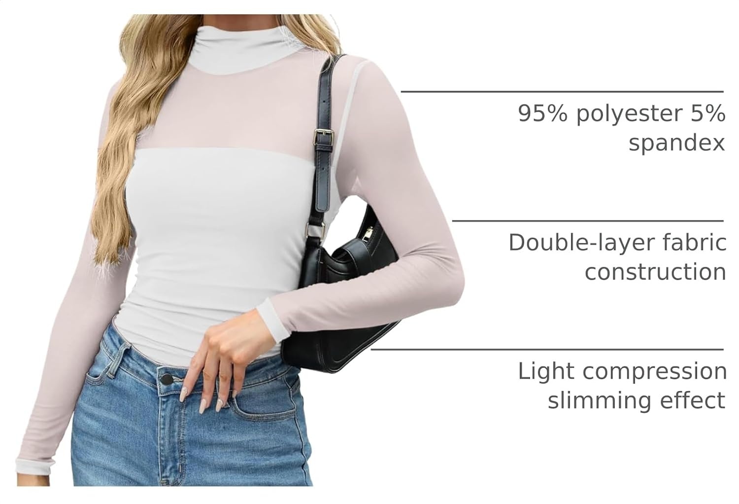 image:imageZeagoo Womens Mesh Long Sleeve Tops Mock Neck Ruched Sheer Blouse S2XLWhite