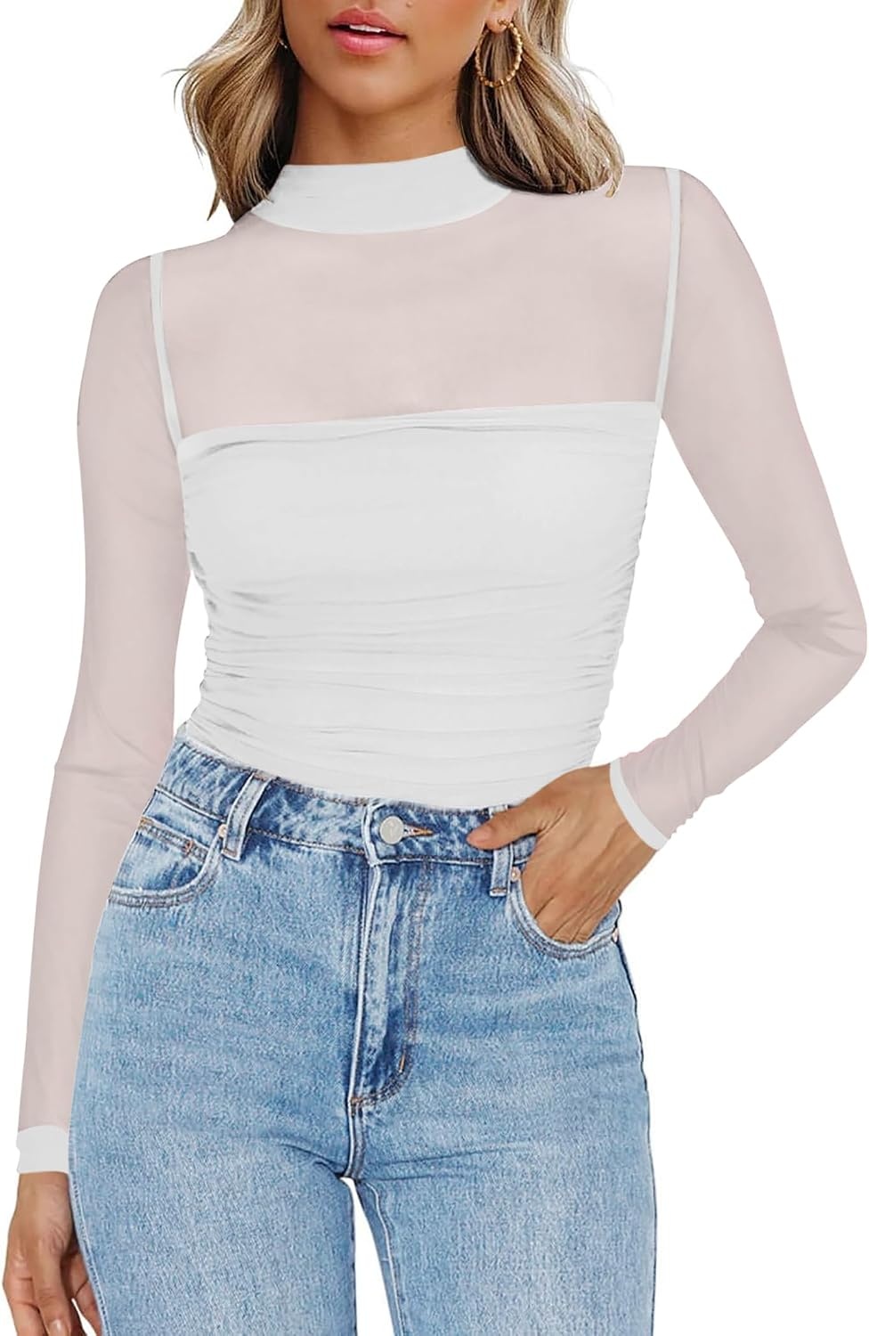 image:imageZeagoo Womens Mesh Long Sleeve Tops Mock Neck Ruched Sheer Blouse S2XLWhite