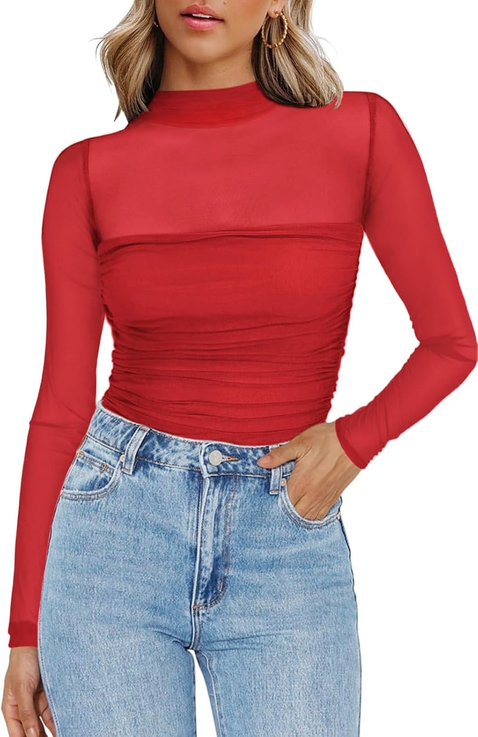 image:imageZeagoo Womens Mesh Long Sleeve Tops Mock Neck Ruched Sheer Blouse S2XLWine Red