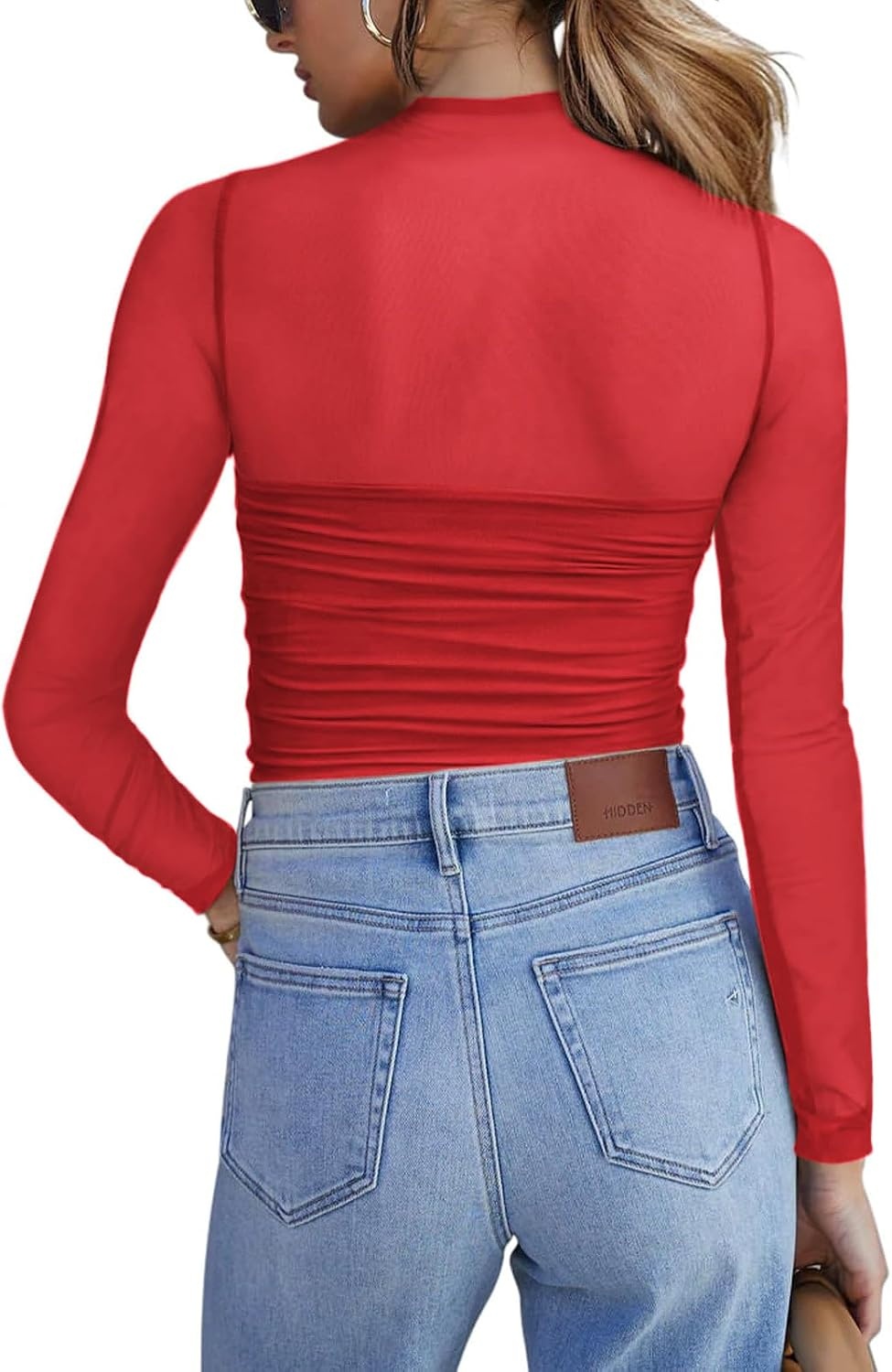 image:imageZeagoo Womens Mesh Long Sleeve Tops Mock Neck Ruched Sheer Blouse S2XLWine Red