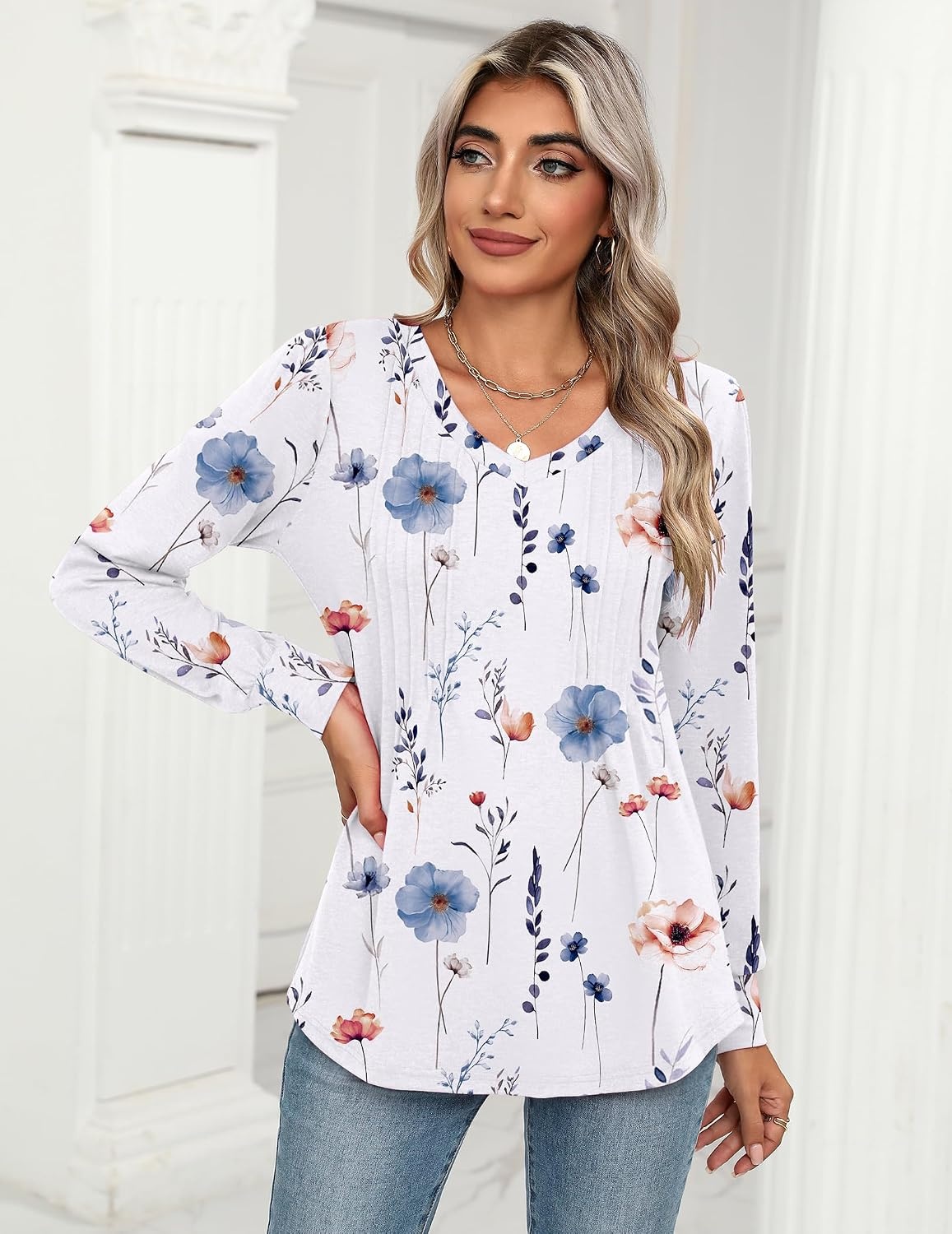 image:imageZeagoo Womens Puff Long Sleeve Shirts Pleated V Neck Fall Tunic Tops Blouse Dressy Casual Summer TShirtsDh6
