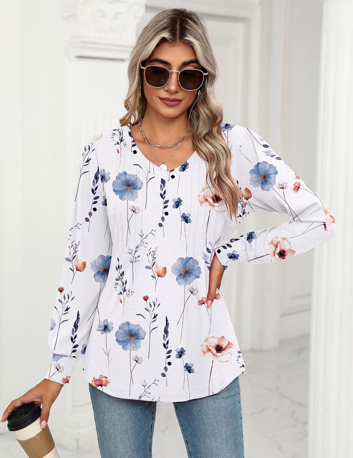 image:imageZeagoo Womens Puff Long Sleeve Shirts Pleated V Neck Fall Tunic Tops Blouse Dressy Casual Summer TShirtsDh6