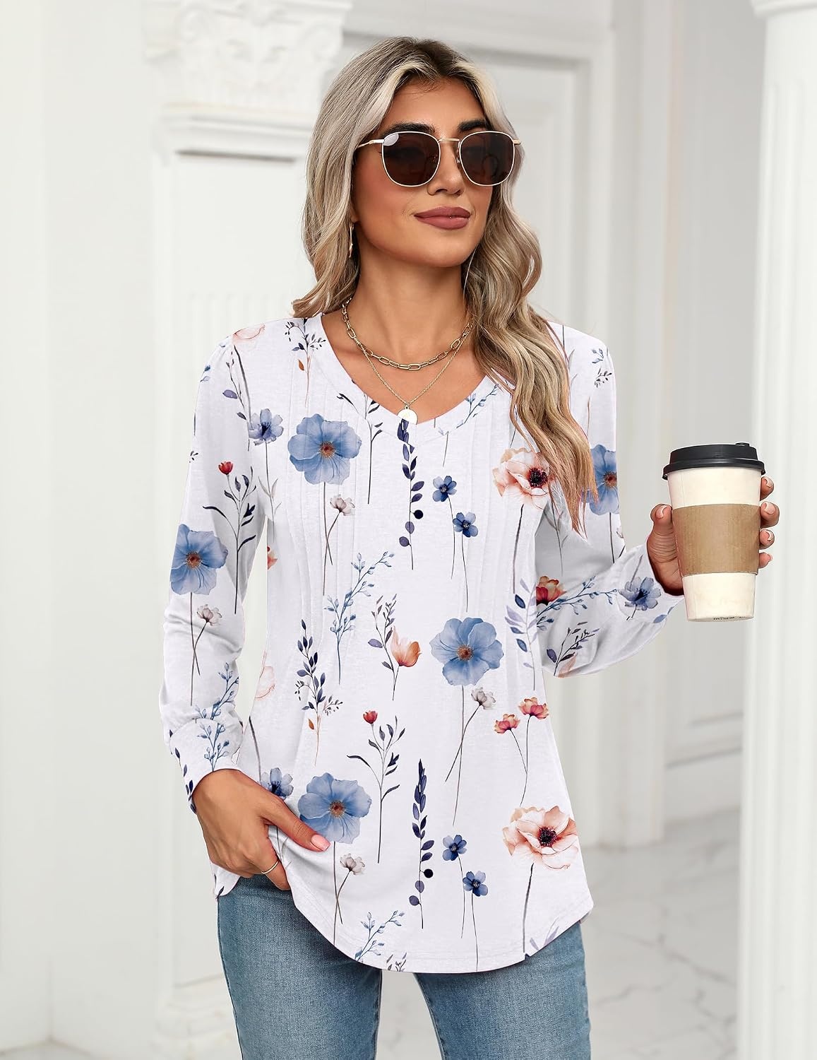 image:imageZeagoo Womens Puff Long Sleeve Shirts Pleated V Neck Fall Tunic Tops Blouse Dressy Casual Summer TShirtsDh6