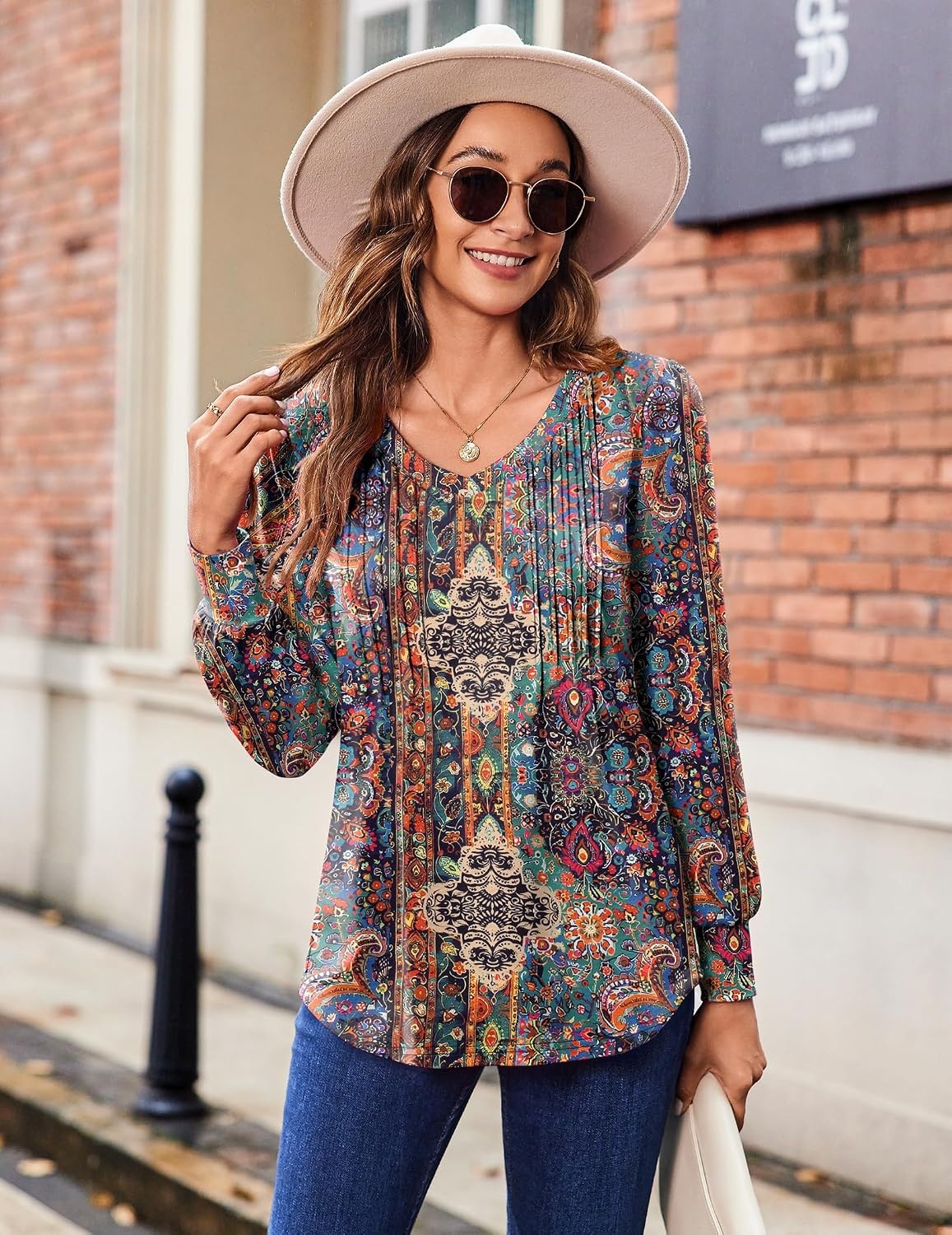 image:imageZeagoo Womens Puff Long Sleeve Shirts Pleated V Neck Fall Tunic Tops Blouse Dressy Casual Summer TShirtsMulticoloured 721